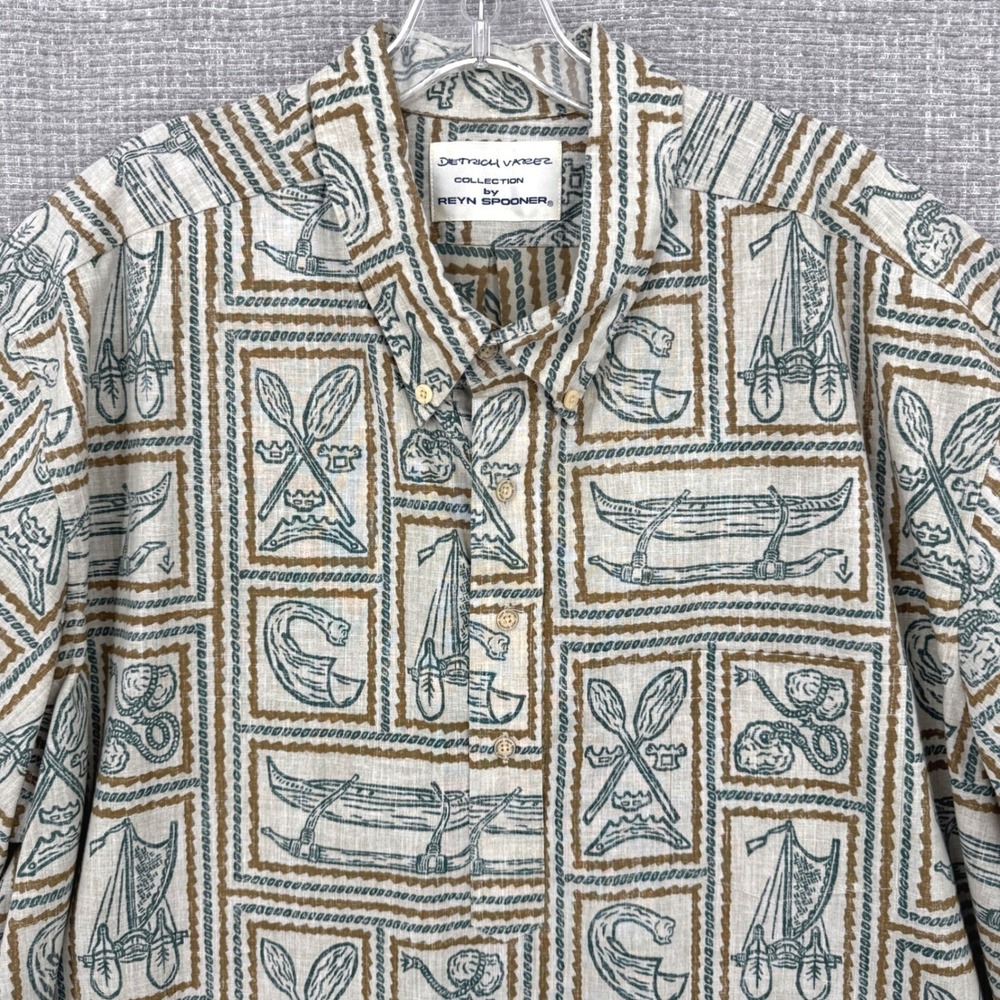 Reyn Spooner Sz 3XL Tan Blue Pullover Shirt Hawaiian Canoe Ocean Tribal Varez